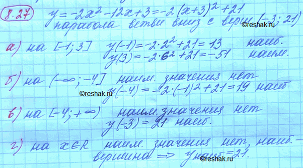 Изображение Найдите наибольшее и/или наименьшее значение функции у = -2x2 - 12x + 3:а) на отрезке [-1; 3]; в) на луче [-4; +oo);б) на луче (-oo; -4]; г) на...