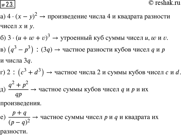 Изображение 2.3. Прочитайте алгебраическое выражение, используя термины математического языка.а) 4 · (x - y)^2;б) 3 · (u + w + v)^3;в) (q^3 - p^3) : (3q);г) 2 : (c^3 +...