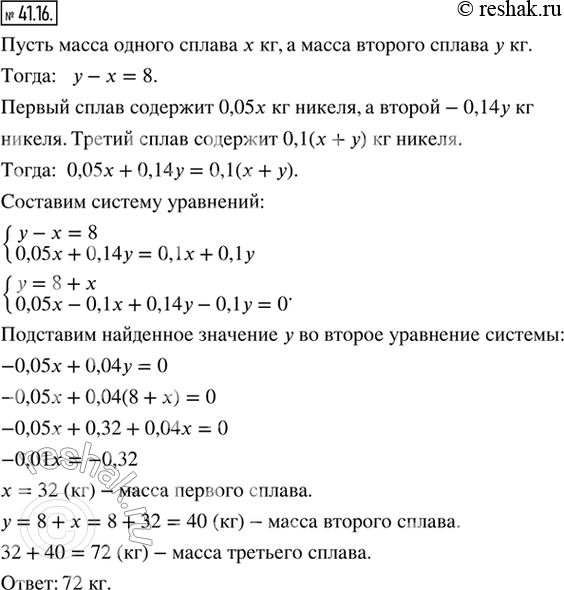 Изображение 41.16. Один сплав содержит 5 % никеля, а другой — 14 %. При этом масса 14 %-го сплава больше массы 5 %-го на 8 кг. Из этих двух сплавов получили третий сплав, содержащий...