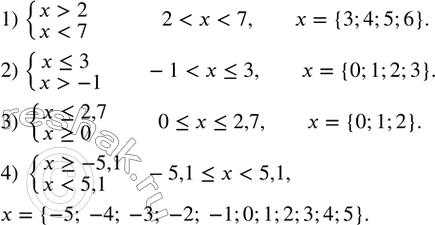Изображение 120. Найти все целые числа, являющиеся решениями системы неравенств:1) {(x>2    x-1)+3) {(x?2,7     x?0)+  4) {(x?-5,1    ...