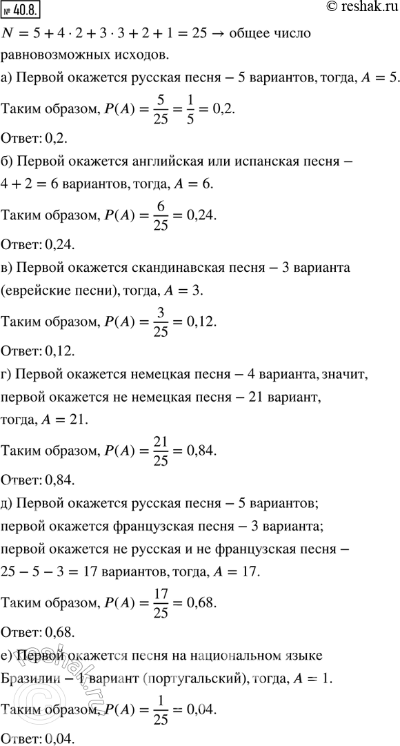 Изображение 40.8. На диске записаны народные песни: 5 русских, по 4 английских и немецких, по 3 французских, шведских и еврейских, 2 испанские и 1 португальская. Какова вероятность...