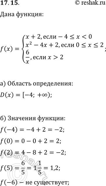 Изображение 17.15. Дана функция y=f(x), где f(x)={x+2, если -4?x2}.а) Укажите D(f);б) Вычислите f(-6), f(-4), f(0), f(2), f(5);в) Постройте график функции y=f(x);г) Найдите...