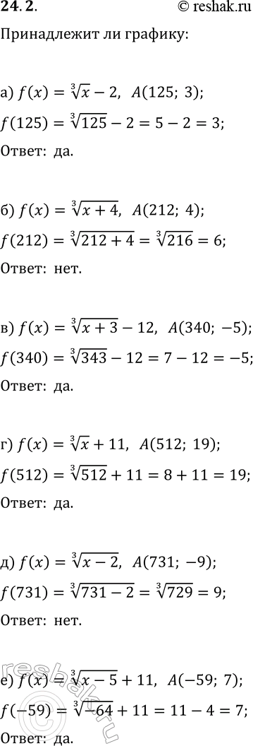 Изображение 24.2. Принадлежит ли графику функции y=f(x) точка А, если:а) f(x)=x^(1/3)-2, A(125; 3);б) f(x)=(x+4)^(1/3), A(212; 4);в) f(x)=(x+3)^(1/3)-12, A(340; -5);г)...