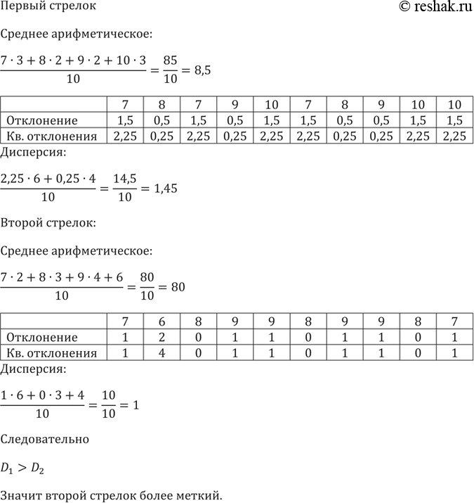 Изображение 729. Два стрелка на тренировке показали результаты, представленные в таблице. Здесь для каждого стрелка выписано количество выбитых очков для каждого из 10...