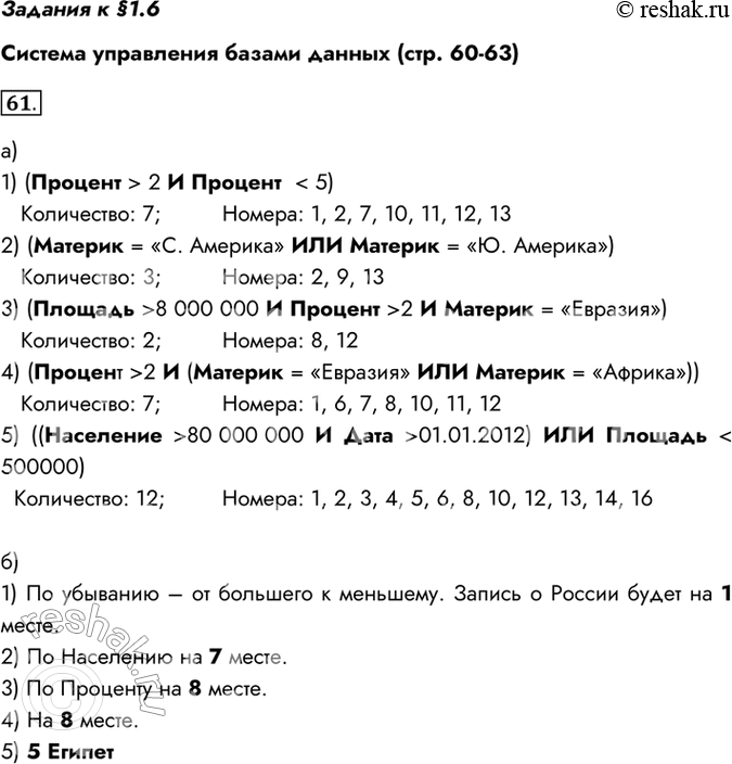 Изображение Задания к §1.6Система управления базами данных (стр. 60-63)61. База данных СТРАНЫ содержит следующие сведения по различным странам мира: название: численность...