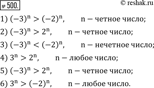 Изображение 500. Определите, если возможно, четным или нечетным натуральным числом является показатель степеней n в верном неравенстве:1) (-3)^n>(-2)^n; 2) (-3)^n>2^n; 3)...