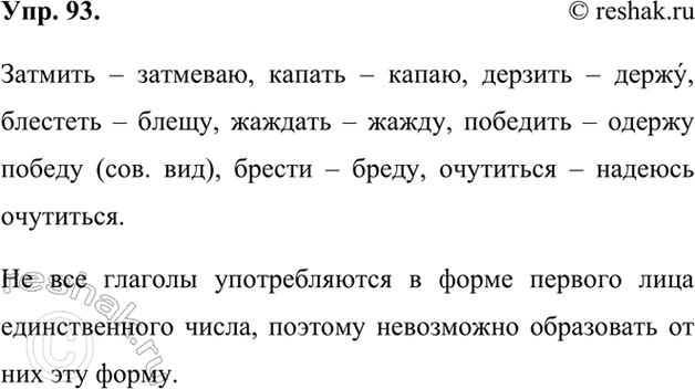 Изображение 93. Образуйте, если возможно, форму 1-го лица единственного числа данных глаголов. Обоснуйте возможность или невозможность образования форм.Затмить – затмеваю, капать...