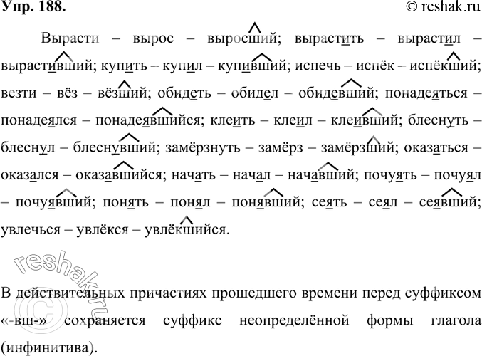 Изображение Опираясь на правило, образуйте действительные причастия прошедшего времени. Обозначьте суффикс причастий и прокомментируйте правописание гласной перед суффиксом -вш...