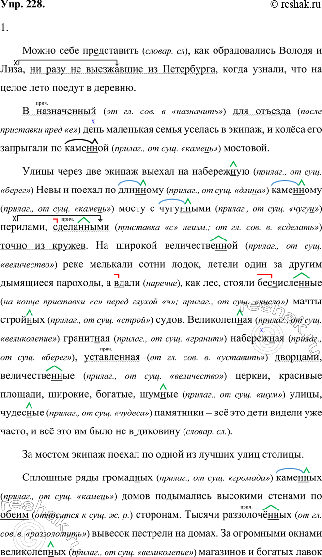 Изображение 228. 1. Спишите отрывок из рассказа «Поездка из столицы в деревню», раскрывая скобки и вставляя вместо пропусков н или нн. Обоснуйте свой выбор. Найдите причастные...