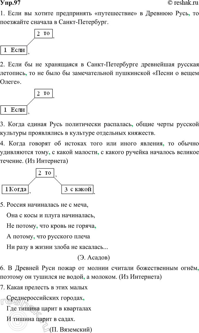 Изображение 97. Спишите, расставляя знаки препинания. Определите, в каких предложениях связь между главным и придаточным предложениями осуществляется с помощью простых и составных...