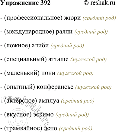Изображение 392. Определите род существительных и подберите к ним подходящие прилагательные.Жюри, ралли, алиби, атташе, пони, конферансье, амплуа, эскимо, депо.-...